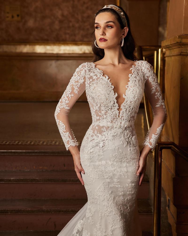 122115 long sleeve lace wedding dress with open back and sheath silhouette3